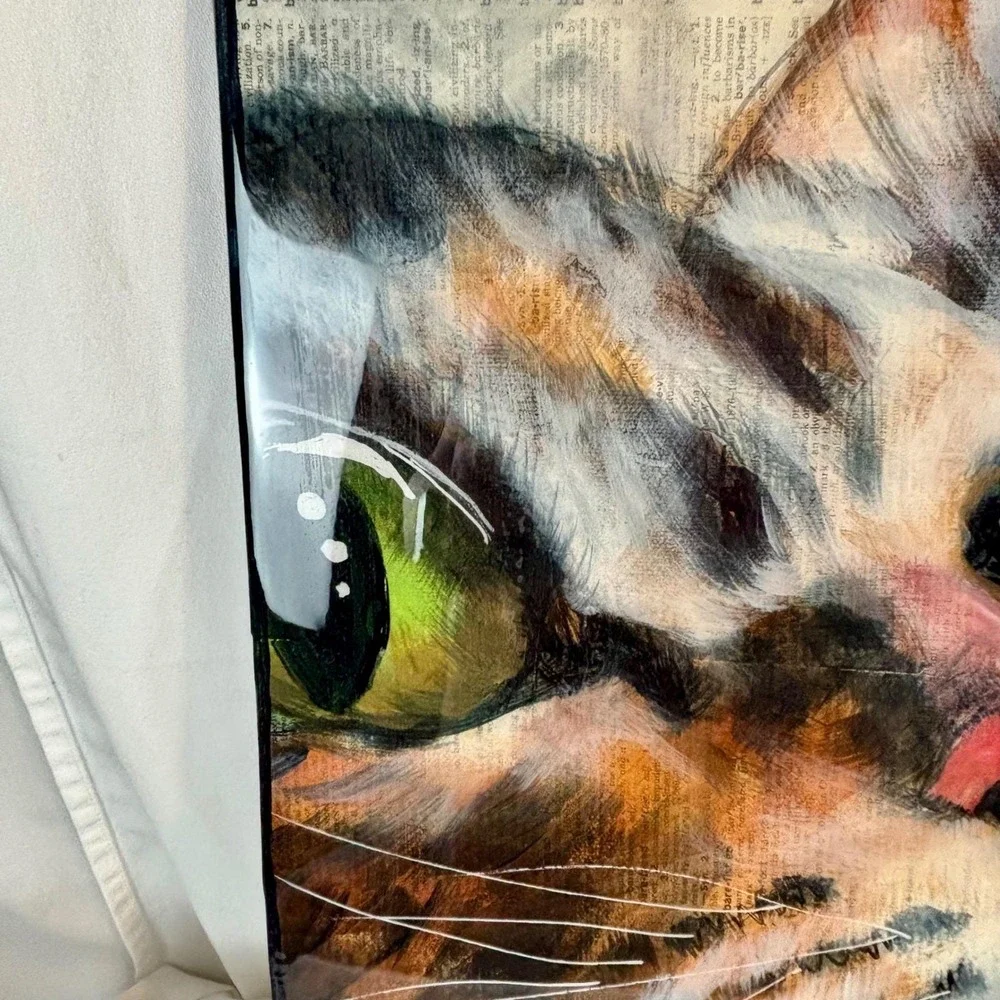 Cat Study Portrait Mixed Media Dictionary Paper Acrylic Resin Finish 12